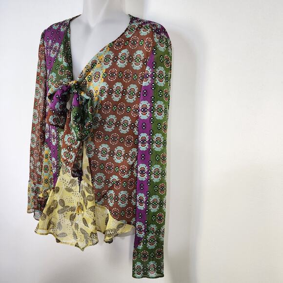 ZARA Top Womens Zodiac Multicolor Printed Boho Blouse XS Bow Tie Crystal Drops - Picture 5 of 12